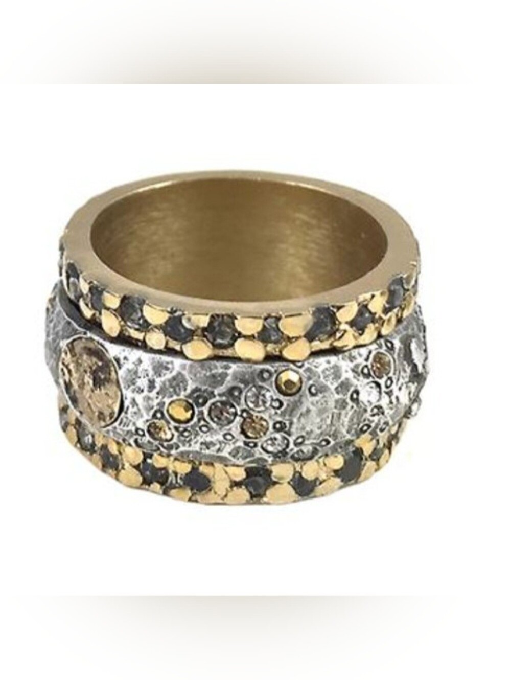 Two-Tone 24 K Gold and Silver Plated Bando Ring With Swarovski Crystals Size 6.5